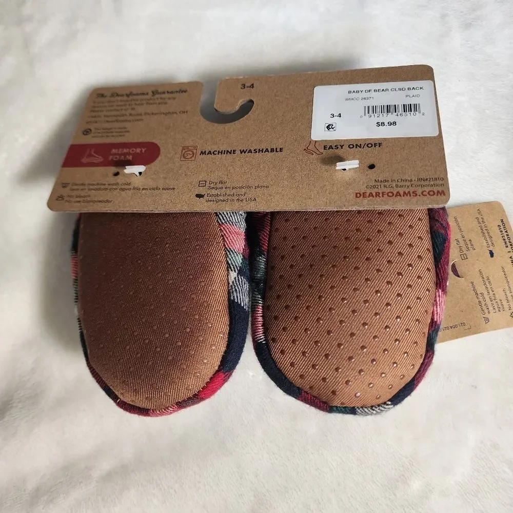 3 For $15 Deerfoams Cozy Comfort Memory Foam Plaid Baby Bear Slippers Size 3/4